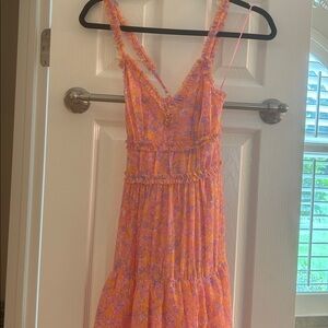 Likely Floral Tiered Midi Skirt in Pink and Orange